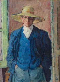 an oil painting of a man wearing a hat and blue shirt standing in front of a window