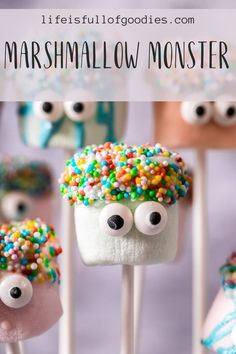 marshmallows with eyes and sprinkles on them