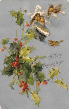 an old fashioned christmas card with holly and birds