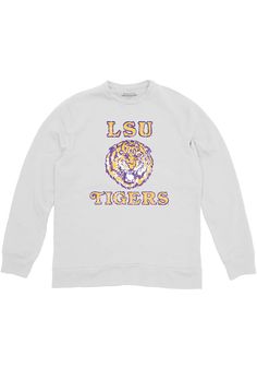 Head out in style with our LSU Tigers White No1 Vault LSU Fashion Sweatshirt! This Tigers Long Sleeve Sweatshirt features a screenprint of number once vault logo on front chest. You'll be warm, comfortable and stylish as you head to class, the game or just out on the town in this LSU Fashion Sweatshirt. Fit: True to Size, 100% COTTON, Machine wash cold, 4 Relaxed Fit Crew Fan Apparel Tops, Relaxed Fit Crew Neck Fan Apparel Top, Casual Heather Grey Fan Merchandise Tops, Fan Apparel Crew Neck Tops With Embroidered Graphics, Athletic Heather Long Sleeve Top For Fans, Fan Apparel Top With Embroidered Graphics, Athletic Heather Cotton Tops For Fall, Cotton Tops With Embroidered Graphics For Fan Gear, Varsity Style Top With Embroidered Graphics For Fan Gear