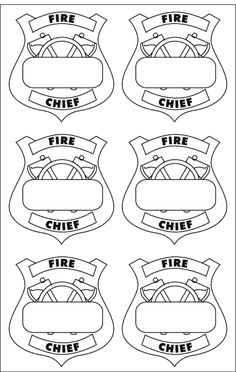 four fire department emblems with the words chief, chief and chief written in black ink