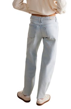 Novel seam work adds a utility vibe to well-faded jeans finished with raw hems. 29 1/2" inseam; 16 1/2" leg opening; 11" front rise; 14 1/2" back rise (size 29) Zip fly with button closure Five-pocket style 68% cotton, 31% lyocell, 1% elastane Machine wash, tumble dry Imported Faded Jeans With Frayed Hem In Rigid Denim, Distressed Straight Leg Flare Jeans In Recycled Denim, Washed Blue Recycled Denim Jeans With Frayed Hem, Straight Rigid Denim Bottoms With Frayed Hem, Faded Jeans In Rigid Denim With Standard Cut Leg, Light Indigo Straight Leg Rigid Denim Jeans, Light Indigo Straight Leg Jeans In Rigid Denim, Washed Blue Flare Jeans In Rigid Denim, Washed Blue Jeans With Frayed Hem In Rigid Denim