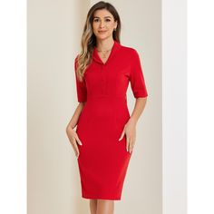 This sheath dress features a timeless and sophisticated design that never goes out of style. Its clean lines and tailored silhouette give it a polished and professional look, making it suitable for various business occasions. With its versatile design, this dress can easily transition from day to night. Pair it with heels and accessories for a formal business event. Fit for an office outfit. Office-appropriate Knee-length Bodycon Dress, Solid Color Formal Dress With Notched Neckline, Office Knee-length Bodycon Dress, Solid Bodycon Dress For The Office, Elegant Dress With Notched Neckline, Fitted Red Bodycon Dress For Office, Red Bodycon Dress For The Office, Solid Color Sheath Midi Dress For Office, Semi-formal Knee-length Bodycon Office Dress