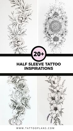 Showcase of four inspiring half sleeve tattoo ideas featuring floral, Japanese, and personalized designs. Perfect for anyone looking to enhance their body art with unique, meaningful expressions. Floral Tattoo Design Half Sleeve, Inner Shoulder Tattoos For Women, Fine Line Gladiolus Tattoo, Tattoo Borders Ideas, Mandala Half Sleeve Tattoo For Women, Sleeve Starter Tattoo Women, Aster Tattoo Design, Partial Sleeve Tattoo Women, Moon And Flowers Tattoo Design