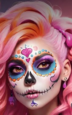 Sugar Skull Costume Ideas, Pink Sugar Skull Makeup, Skull Candy Halloween Makeup, Catrina Face Painting Kids, Rainbow Sugar Skull Makeup, Catrina Costume, Sugarskull Facepainting, Halloween Makeup Sugar Skull, Sugar Skull Costume