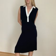 Navy And White Dress By Premise. Collared Style Neckline. 95% Rayon 5% Spandex. Brand New With Tags. Elegant Collared Stretch Dress, Fitted Navy Midi Dress For Daywear, Classic Navy Dress For Daywear, Navy Fitted Collared Dress, Classic Sleeveless Blue Midi Dress, Classic Blue Sleeveless Midi Dress, Black Sleeveless Midi Dress, Orange Midi Dress, Navy And White Dress