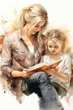 a watercolor painting of a mother and her daughter reading a book with their hands