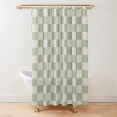 a green and white checkered shower curtain