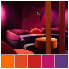 an image of a room with purple and orange colors in the color scheme for interior design