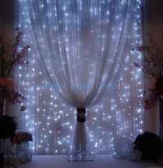 the curtains are covered with white lights in front of flowers and vases on display