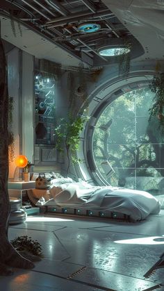 a futuristic bedroom with large round windows and plants on the wall, along with a bed