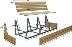 the measurements for a bench and benches are shown in three different positions, including one with an open seat