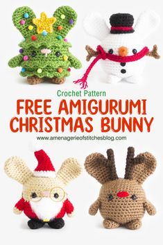 crochet pattern for an amigurmi christmas bunny and other stuffed animal toys