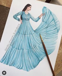 a drawing of a woman in a blue dress with a long flowing skirt on it