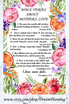 the bible verse about mother's love with oranges and purple flowers on it