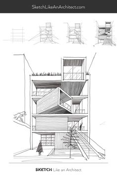 an architectural drawing of a house with stairs and balconies on the roof, as well as steps