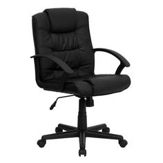 an office chair with black leather upholstered on the back and armrests