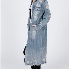 Brand New Long Button Up Distressed Denim Jacket 95% Polyester 5% Spandex Denim Fashion Outfits, Distressed Denim Jacket, Denim Fashion, Distressed Denim, Jean Coat, Jean Jacket, Denim Jacket, Button Up, Jackets & Coats