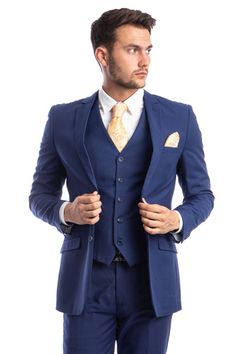 Men's Two Button Basic Hybrid Fit Vested Suit in Indigo Blue Blue Single Button Suit With Suit Collar, Blue Single-button Suits With Suit Collar, Classic Blue Three-piece Suit With Single Button, Blue Suits With Hidden Button Closure And Suit Collar, Blue Three-piece Suit With Single Button And Notch Lapel, Blue Single-breasted Business Suits, Tailored Single Breasted Blue Suit, Tailored Single-breasted Blue Suit, Fitted Blue Three-piece Suit With Long Sleeve