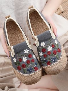 Grey Spring Bohemian Flats With Round Toe, Bohemian Spring Flats With Round Toe, Bohemian Round Toe Flats For Spring, Embroidered Casual Flats, Casual Slip-on Flats With Floral Embroidery, Bohemian Slip-on Flats For Spring, Embroidered Casual Flats For Spring, Casual Embroidered Slip-on Flats, Casual Floral Embroidery Slip-on Flats