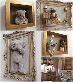 there are pictures of teddy bears in different frames