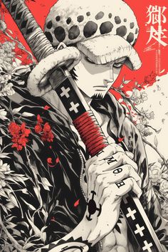 an image of a person holding a knife in front of red flowers and japanese characters