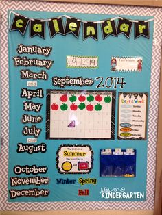 a bulletin board with calendars on it and other items for the classroom to use