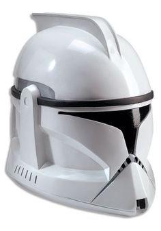 a helmet that is white and has black stripes on the side, with a star wars logo