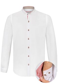 Raffa  White Stockerpoint Men Trachten Shirt with Standup collar and different colors in design - German Specialty Imports llc Classic White Shirt With Stand Collar, White Formal Shirt With Stand Collar, Formal White Shirt With Stand Collar, Traditional Fitted White Shirt, Colored Trim, Traditional Jacket, Traditional Outfit, Modern Traditional, Collar Shirt