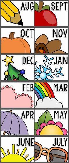 an image of months of the year with pictures and words on it, including sun, clouds, umbrellas, snowflakes