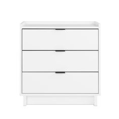 a white dresser with two drawers and black handles on the bottom, against a white background