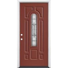 a red front door with an arched glass and sidelights on the top half of it