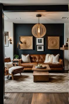 a living room filled with furniture and pictures on the wall above it's coffee table