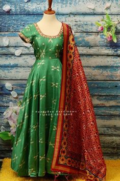 Ikkat,Indian Designer anarkali,Indian Stitched Dress for women, zardhosi maggam mirror work green Dress ,Indian Partywear patola Duppatta Ikkat Dresses Boutiques, Green Dress Indian, New Dress Design Indian, Frock Models, Ikkat Dresses, Stylish Kurtis Design, Designer Anarkali Dresses, Long Gown Design, Dress For