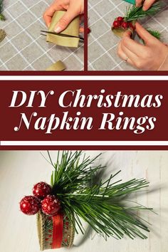 diy christmas napkin rings with pine branches and pomegranates