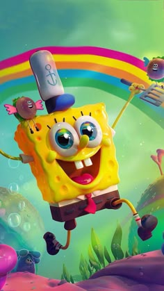 spongebob jumping in the air with rainbows and clouds behind him, while another character is on his cell phone