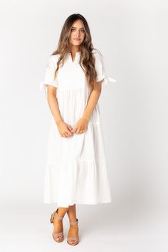 Claire Tie-Sleeve Dress WOMEN'S DRESS brass & roe White L Maternity Pictures Dress, Proposal Dress, Prettiest Sunset, Wedding Getaway, White Tiered Dress, Getaway Dress, Called To Surf, Tie Sleeve Dress, Easter Dresses