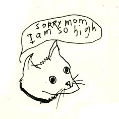 a black and white drawing of a cat with a speech bubble above it that says sorry mom i am so high