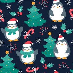 penguins and christmas trees on a dark blue background with snowflakes, candy canes and stars