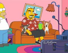 the simpsons is sitting in his living room with two dogs