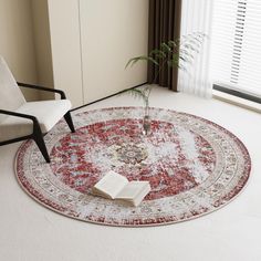 a living room with a round rug, chair and potted plant on the floor