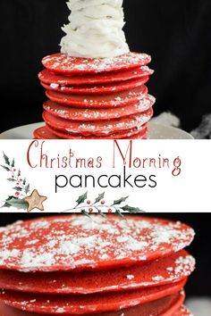 a stack of red velvet pancakes covered in powdered sugar