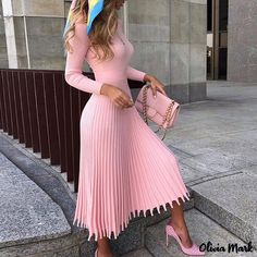 Color: Pink, Size: M Dress For Church, Pleated Knit, Pink Sweater Dress, Sukienki Plus Size, Calf Sleeve, Long Knitted Dress, Mid Calf Dresses, Women Sweaters Winter, Detachable Collar