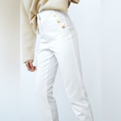 Nwt Zara White Jeans With Gold Buttons Size L Zara White Bottoms For Fall, Zara Jeans White, Trendy Zara Jeans With Button Closure, Zara Gold Jeans, Zara Embroidered White Bottoms, Zara Straight Leg Jeans With Button Closure, Zara Jeans, Gold Buttons, White Jeans