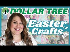 a woman standing in front of a sign that says dollar tree easter crafts, with the words