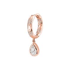 Sevenfold Water Drop Diamond Huggies Rose Gold Single  by Logan Hollowell Jewelry Diamond Teardrop Huggie Earrings With Accents, Diamond Teardrop Huggie Earring, Diamond Teardrop Huggie Earrings With Diamond Accents, Teardrop Diamond Huggie Earrings With Accents, Teardrop Diamond Huggie Earrings With Diamond Accents, Rose Gold Drop Diamond Earrings, Pear-shaped Rose Gold Diamond Earrings, Fine Jewelry Rose Gold Teardrop Huggie Earrings, Single Teardrop Diamond Earring