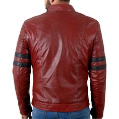 This maroon biker leather jacket is the perfect piece of clothing to add to your wardrobe. Made with real leather, this jacket is both stylish and durable. The quilted polyester lining ensures great comfort and warmth. The zipper closure, zipper cuffs, and stand collar give this jacket a sleek, classic look. It features a chest and two side waist pockets, perfect for storing all your essentials. The leather jacket with stripes on both sleeves gives this jacket a subtle but stylish touch.

This leather jacket is perfect for creating a classic, timeless look. Whether you're going for a casual look or a more dressy look, this jacket is the perfect addition to your outfit. With its durable and stylish design, this jacket is sure to last for years. Make a statement wherever you go by adding thi Fitted Burgundy Biker Jacket With Zipper, Fitted Burgundy Biker Jacket With Zipper Closure, Fitted Burgundy Leather Jacket With Zipper Closure, Fitted Burgundy Biker Jacket For Winter, Winter Burgundy Biker Jacket, Burgundy Long Sleeve Biker Jacket For Winter, Burgundy Leather Jacket With Zipper For Winter, Biker Leather Jacket, Biker Leather