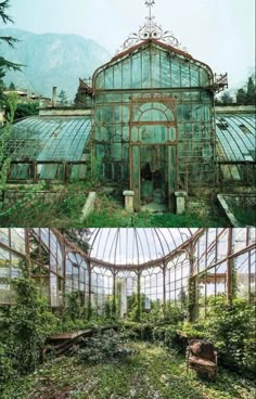 the inside and outside of an old greenhouse