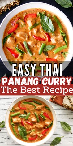 White bowl with panang curry with beans red peppers, and thai basil and text "easy thai panang curry the best recipe". Instant Pot Panang Curry, Easy Panang Curry Chicken, Penang Chicken Curry, Penang Curry Thai, Instant Pot Chicken Curry Recipes Easy, Easy Panang Curry, Penang Curry Paste, Authentic Panang Curry, Golden Curry Sauce Mix Recipes