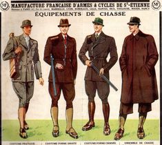 Le Chasseur français, c. 1930s - Various hunting outfits Cape Men, School Ground, Hunting Outfits, Victorian School, Hunting Outfit, Hunting Suit, Norfolk Jacket, Countryside Fashion